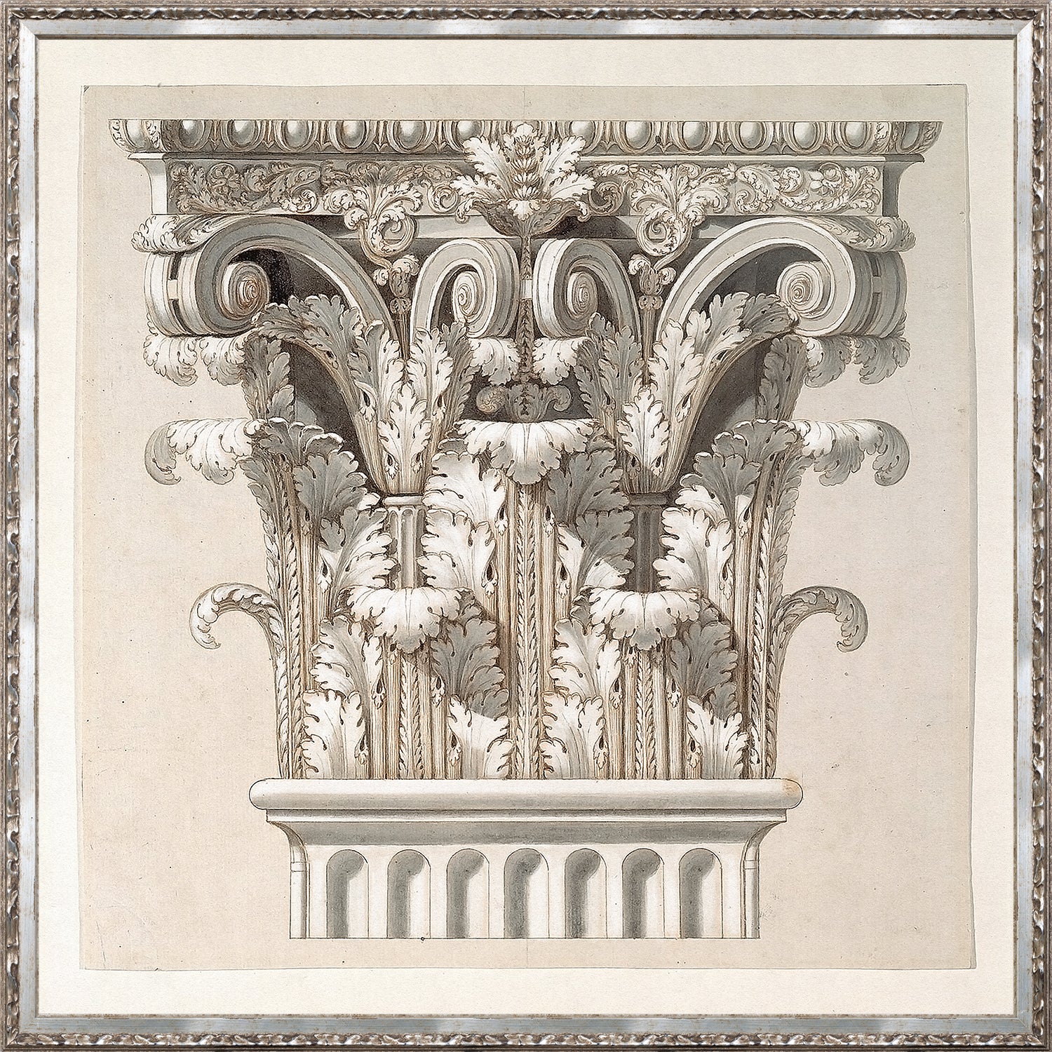 Collection 01 – Corinthian Capital wall art featuring intricate leaf designs in neutral tones