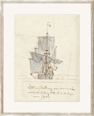 Collection 01 – Sailing Vessel – 1778 wall art featuring a sketched ship with sails on textured paper.
