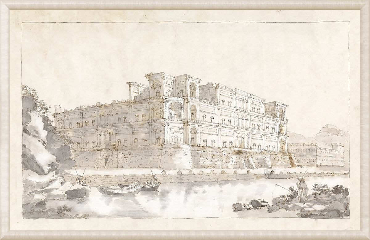 Collection 01 – The Palace Of Donn Anna At Naples wall art, detailed architectural illustration in muted tones.