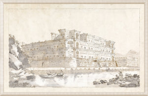 Collection 01 – The Palace Of Donn Anna At Naples wall art, detailed architectural illustration in muted tones.