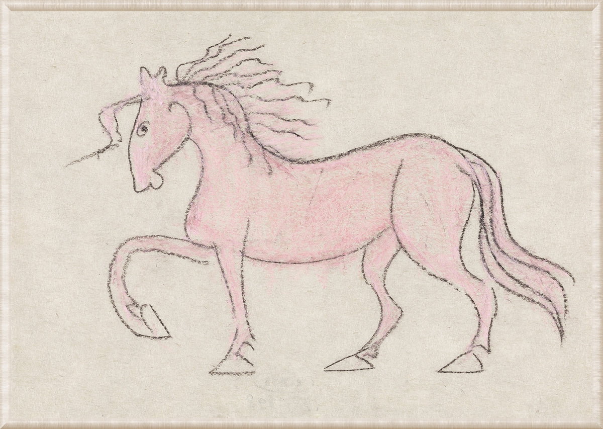 Collection 01 – Unicorn – 1897 wall art featuring a pink unicorn with flowing mane on textured background.