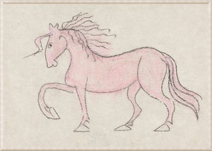 Collection 01 – Unicorn – 1897 wall art featuring a pink unicorn with flowing mane on textured background.