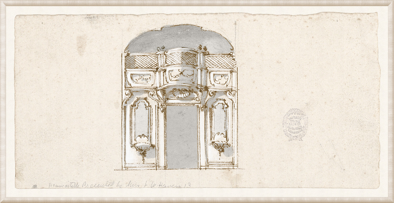 Collection 01 – Portico Design wall art featuring a detailed architectural sketch in muted tones.