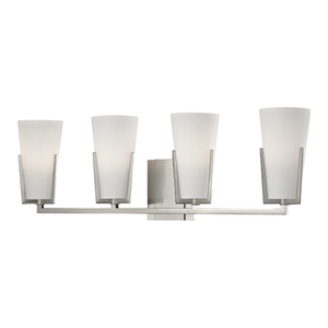 Upton Bath And Vanity 26.25" in satin nickel shown from a second angle to highlight the arm spread and shade silhouette.
