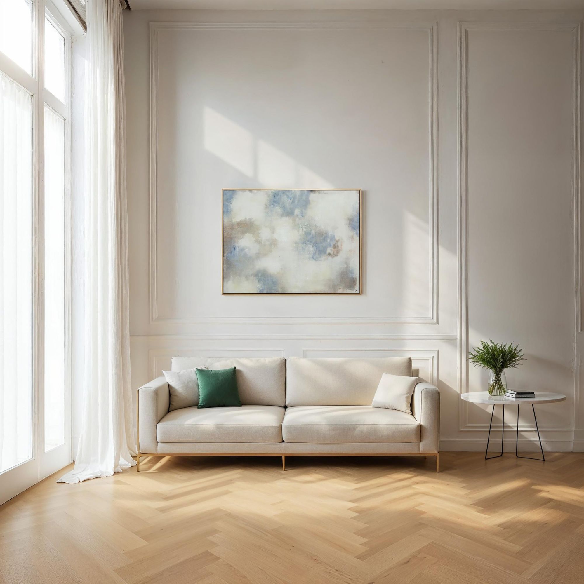 Bellis wall art featuring abstract blue and beige tones in a gold frame, displayed above a light sofa in a bright room.