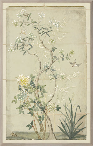 Chinoiserie Scenic I wall art featuring floral and bamboo designs in soft colors