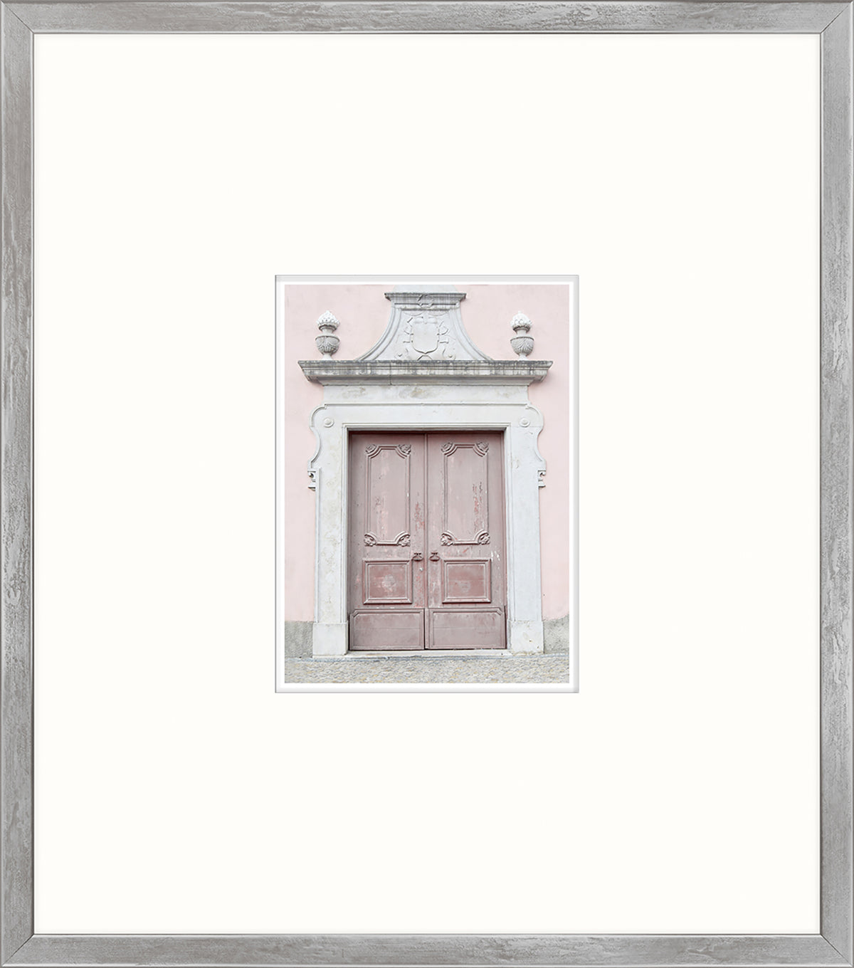 Pastel Revival Series III wall art featuring a pink door with a decorative stone frame.