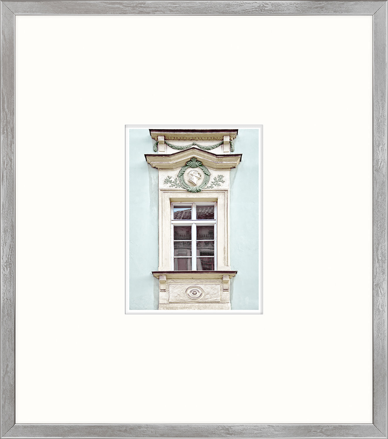 Pastel Revival Series VI wall art featuring a decorative window with light blue background.
