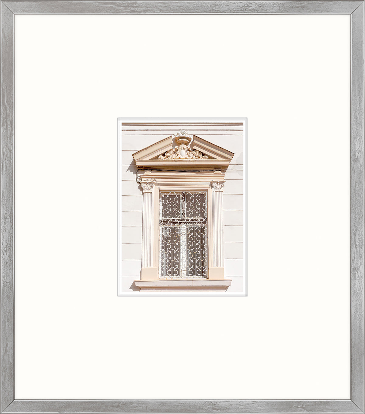 Pastel Revival Series VII wall art featuring a decorative window with intricate grillwork.