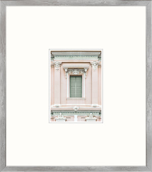Pastel Revival Series XV wall art featuring a pink building facade with a green shuttered window.