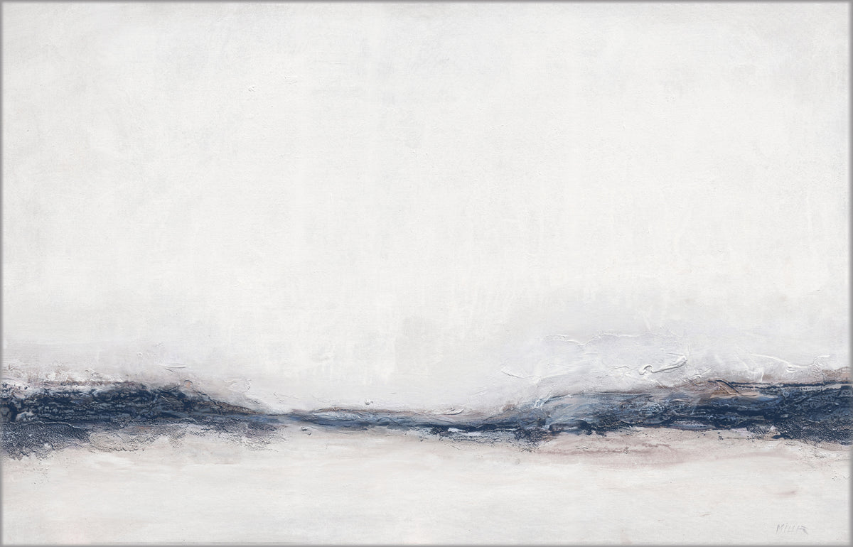 Rising Mist wall art featuring abstract landscape in soft white and blue tones with textured brushstrokes.