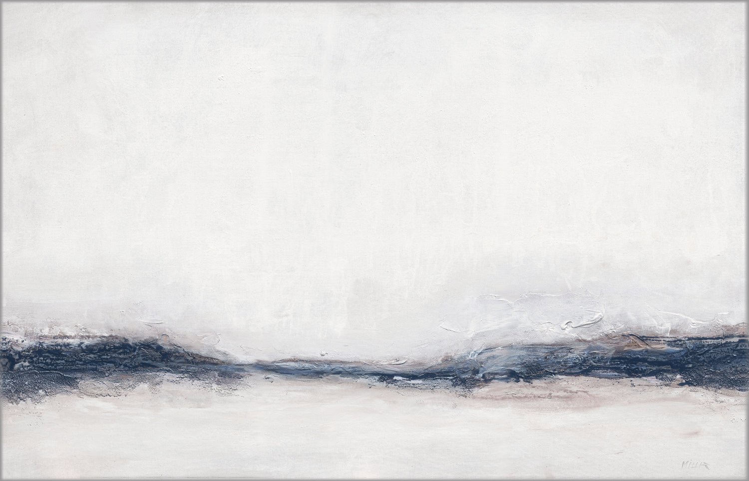Rising Mist wall art featuring abstract landscape in soft white and blue tones with textured brushstrokes.