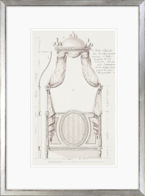 De Lalonde Design II wall art featuring a detailed sketch of a decorative bed canopy in neutral tones.