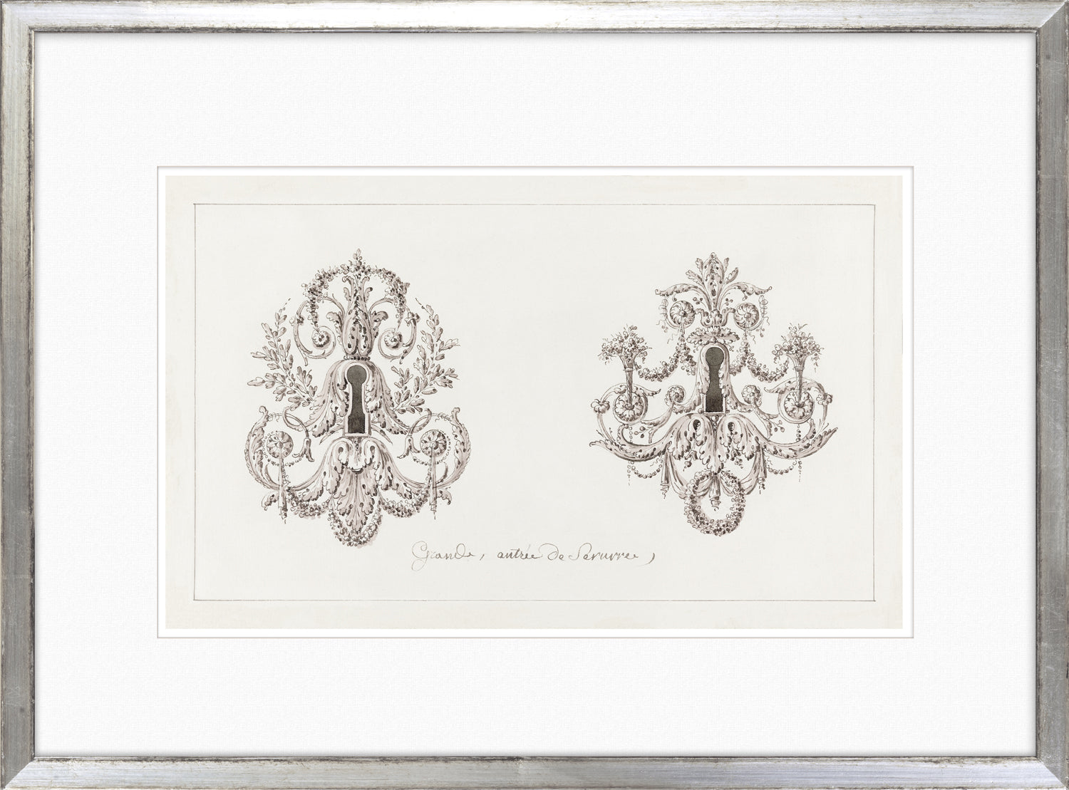 De Lalonde Design V wall art featuring intricate black and white chandelier designs on textured paper.