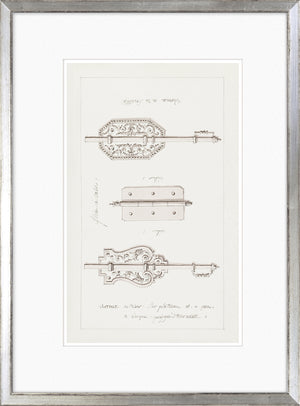 De Lalonde Design VI wall art featuring intricate sketches of decorative hardware in sepia tones.