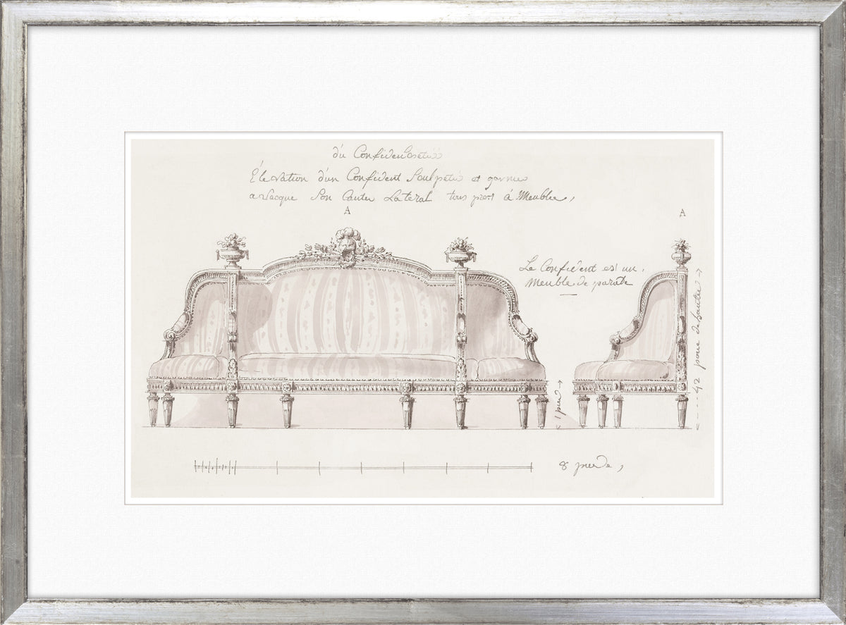 De Lalonde Design VIII wall art featuring a detailed sketch of an ornate sofa with decorative elements.