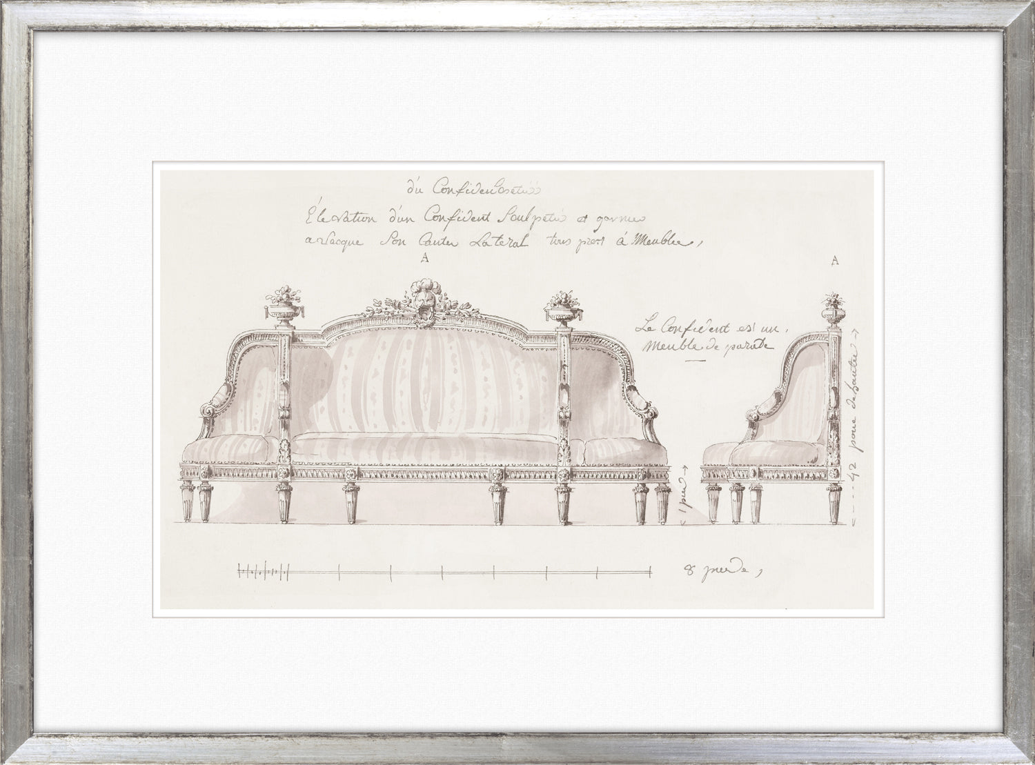 De Lalonde Design VIII wall art featuring a detailed sketch of an ornate sofa with decorative elements.