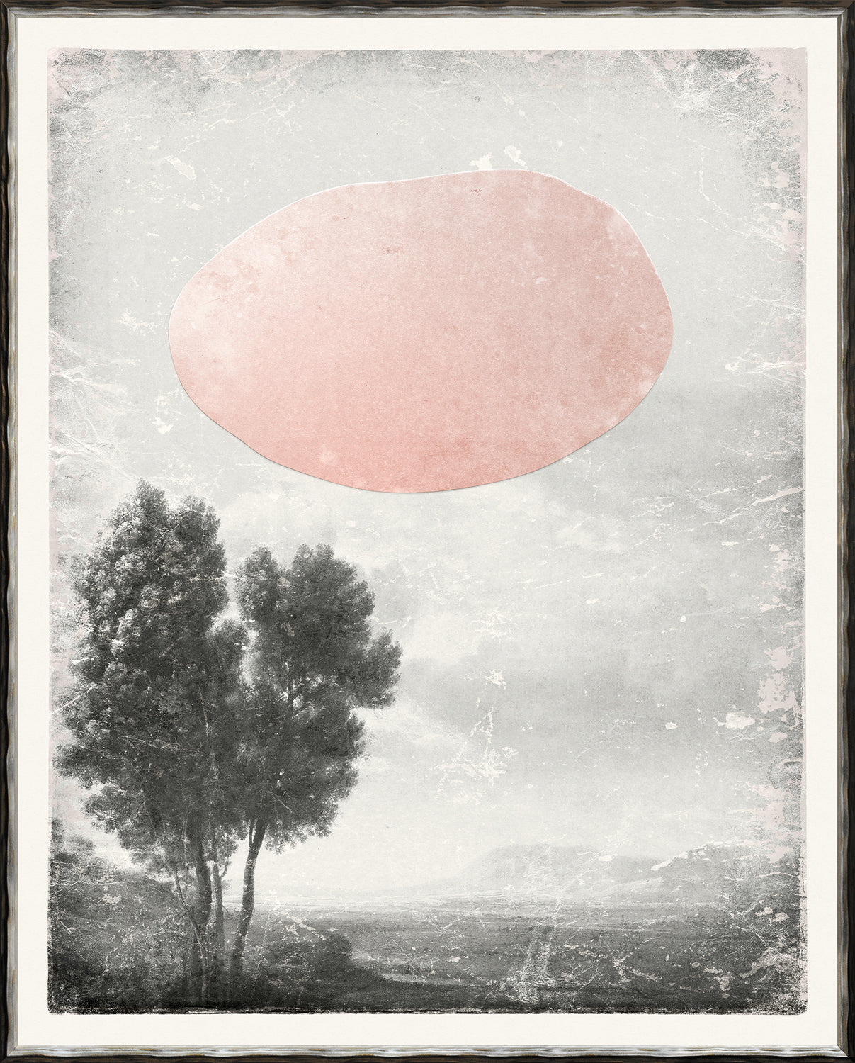 Mod – Landscape I wall art featuring a soft pink shape over a monochrome landscape with trees.