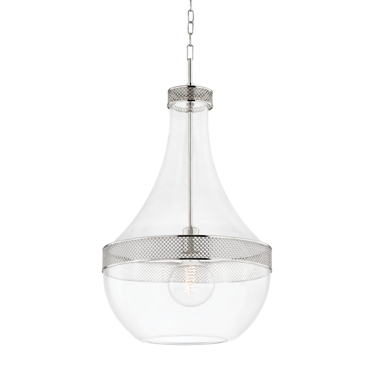 Hagen Pendant 17.5" in polished nickel shown from the front to reveal the shade shape and metal detail.