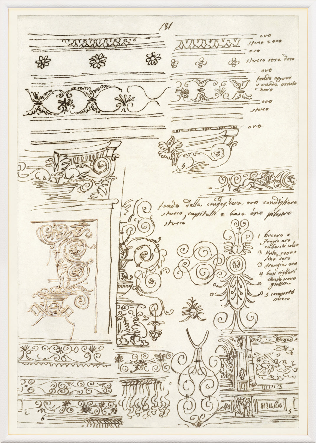 Giani Interior Design II Circa 1815 wall art featuring intricate sketches of decorative patterns.