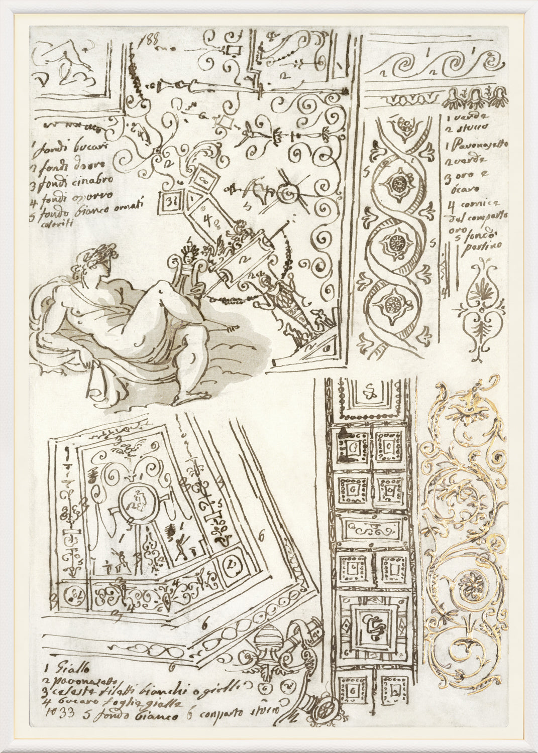 Giani Interior Design III Circa 1815 wall art featuring intricate sketches and designs in sepia tones.