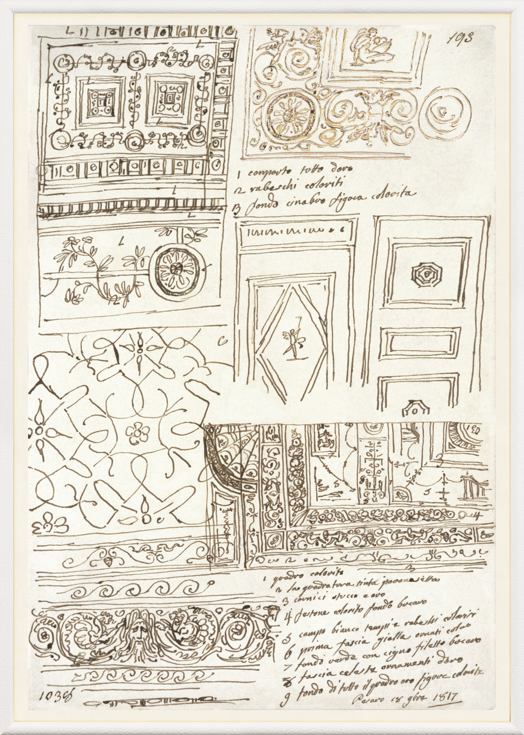 Giani Interior Design IV Circa 1815 wall art featuring intricate sketches and designs in brown ink.