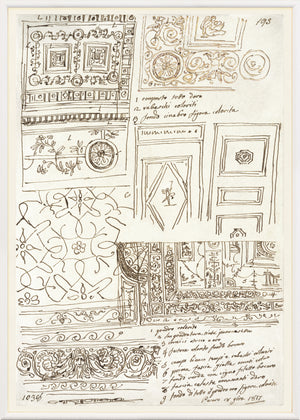 Giani Interior Design IV Circa 1815 wall art featuring intricate sketches and designs in brown ink.