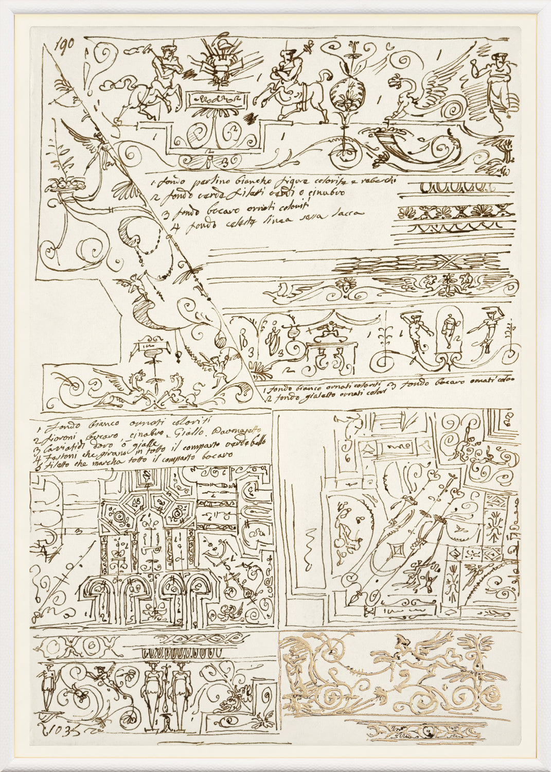 Giani Interior Design V Circa 1815 wall art featuring intricate sketches in brown ink on cream background.