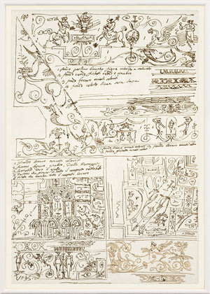 Giani Interior Design V Circa 1815 wall art featuring intricate sketches in brown ink on cream background.