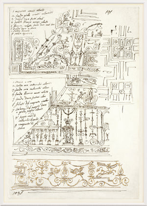 Giani Interior Design VI Circa 1815 wall art featuring intricate sketches and designs in black ink.