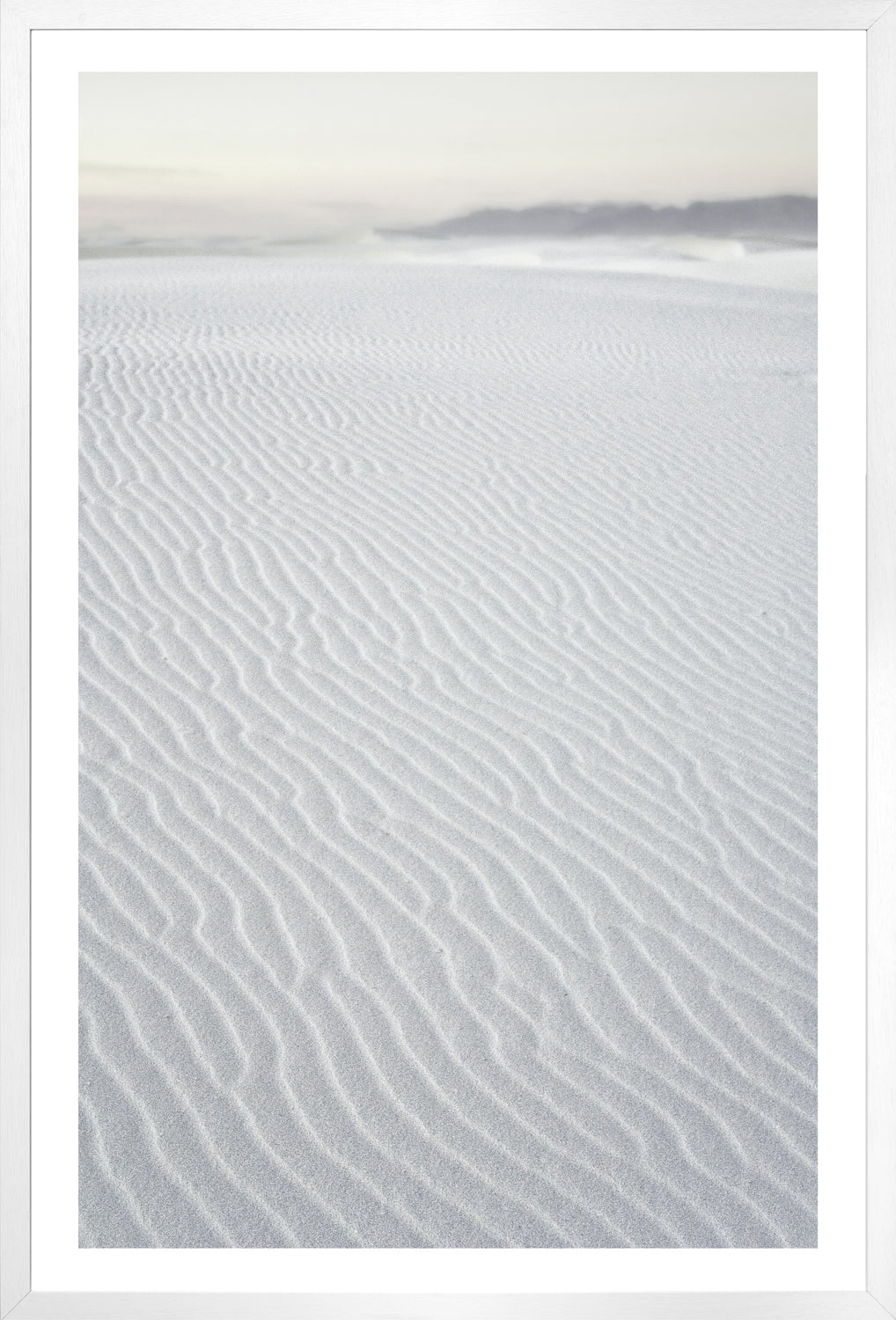 White Sands II wall art featuring textured white sand dunes in soft focus.