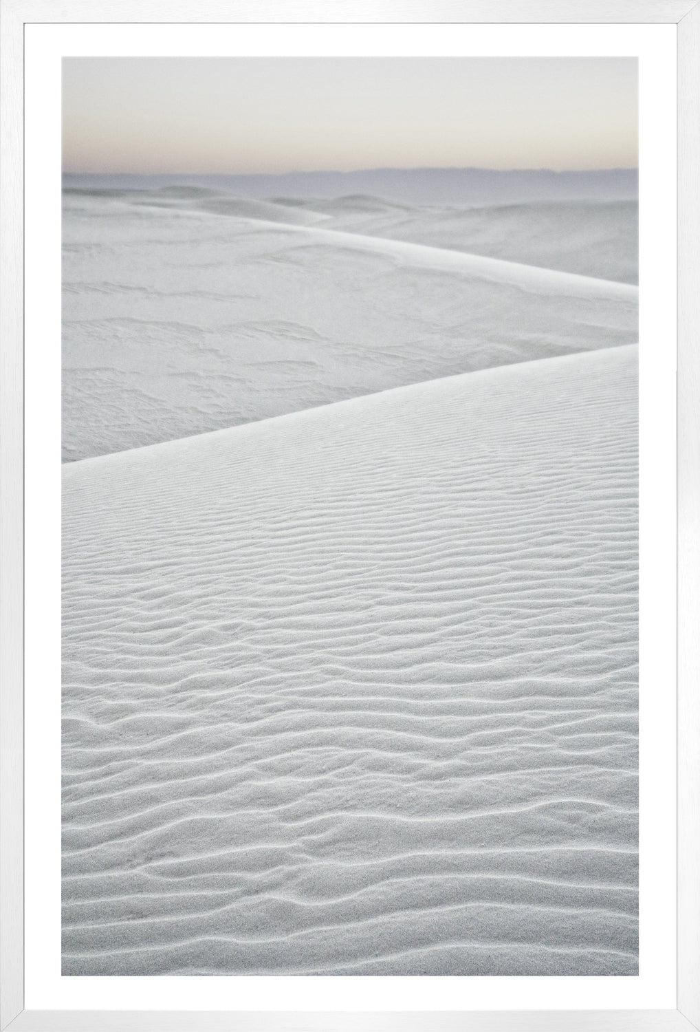 White Sands III wall art featuring textured white sand dunes with soft gradient sky
