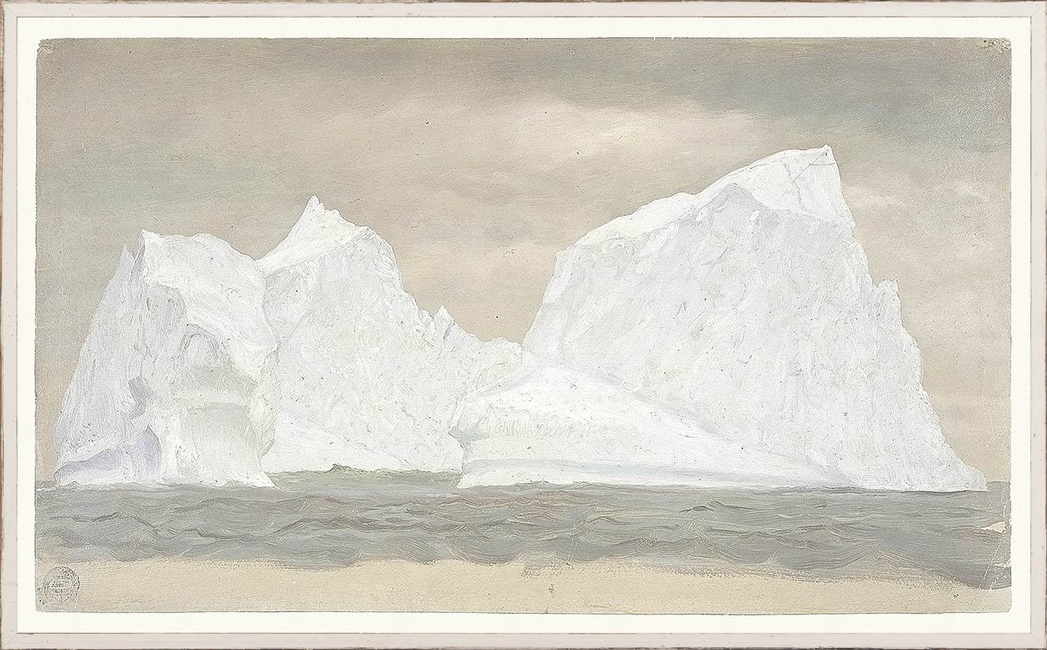 Collection 07 – Church – Floating Iceberg I wall art featuring white icebergs against a gray sky.