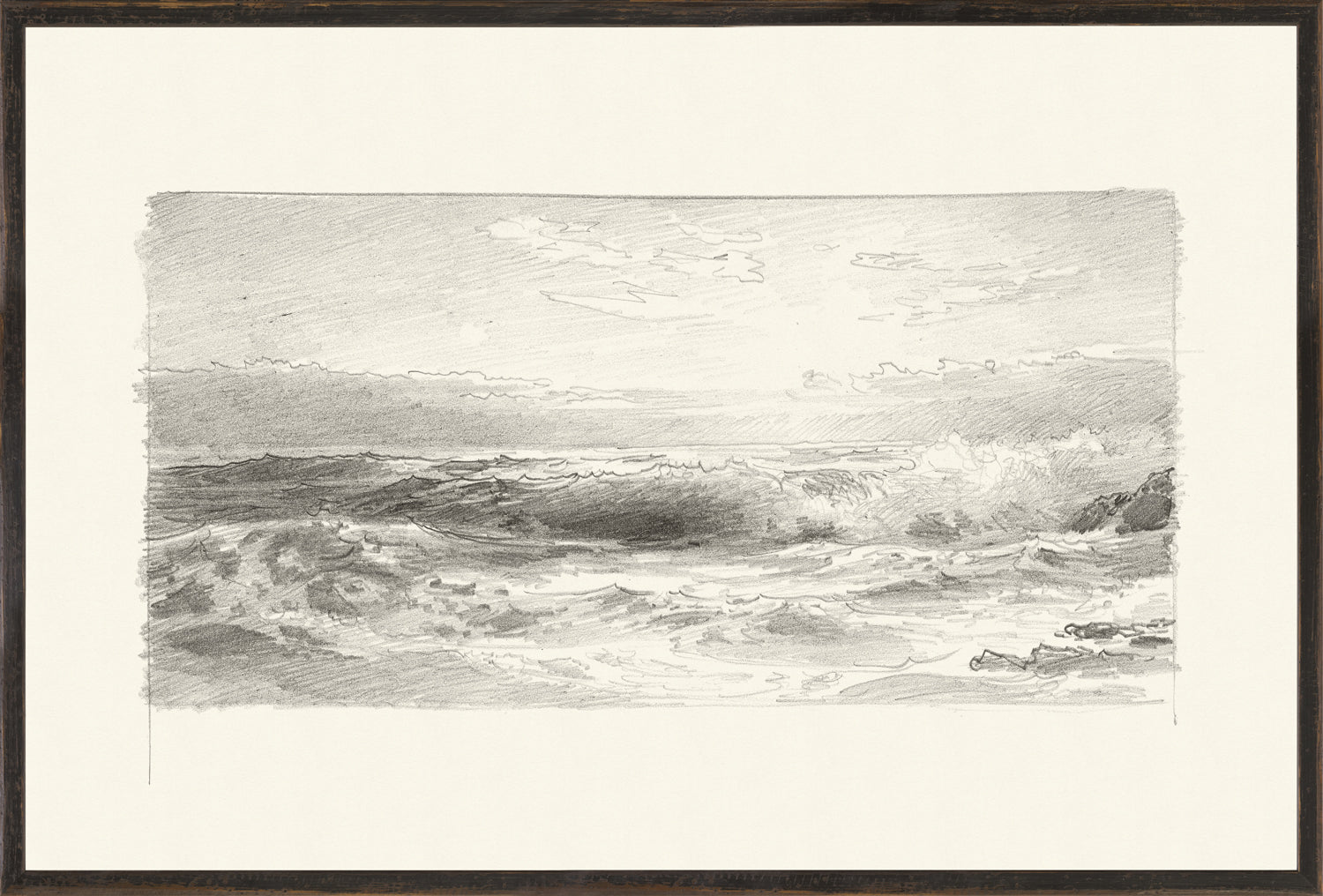 Richards – Folio, Graphite Seascape I – 1870, detailed sketch of ocean waves and clouds