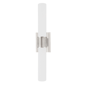 Fulton Bath And Vanity in polished nickel shown from a second angle to highlight the arm spread and shade silhouette.