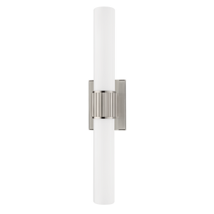 Fulton Bath And Vanity in satin nickel shown from the front to reveal the arm spread and shade silhouette.