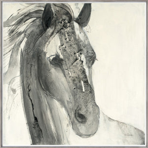 In The Wind I wall art featuring a monochromatic horse head in shades of gray and white