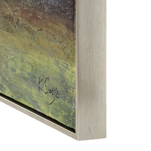 Sprucer canvas art close-up showing textured surface and silver frame detail.