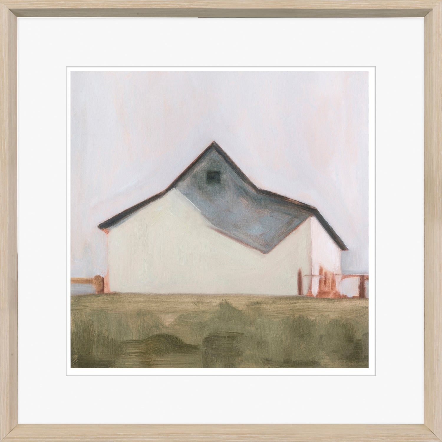 Serene Barn V, a framed wall art depicting a minimalist white barn with a gray roof against a soft pastel background.