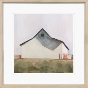 Serene Barn V, a framed wall art depicting a minimalist white barn with a gray roof against a soft pastel background.