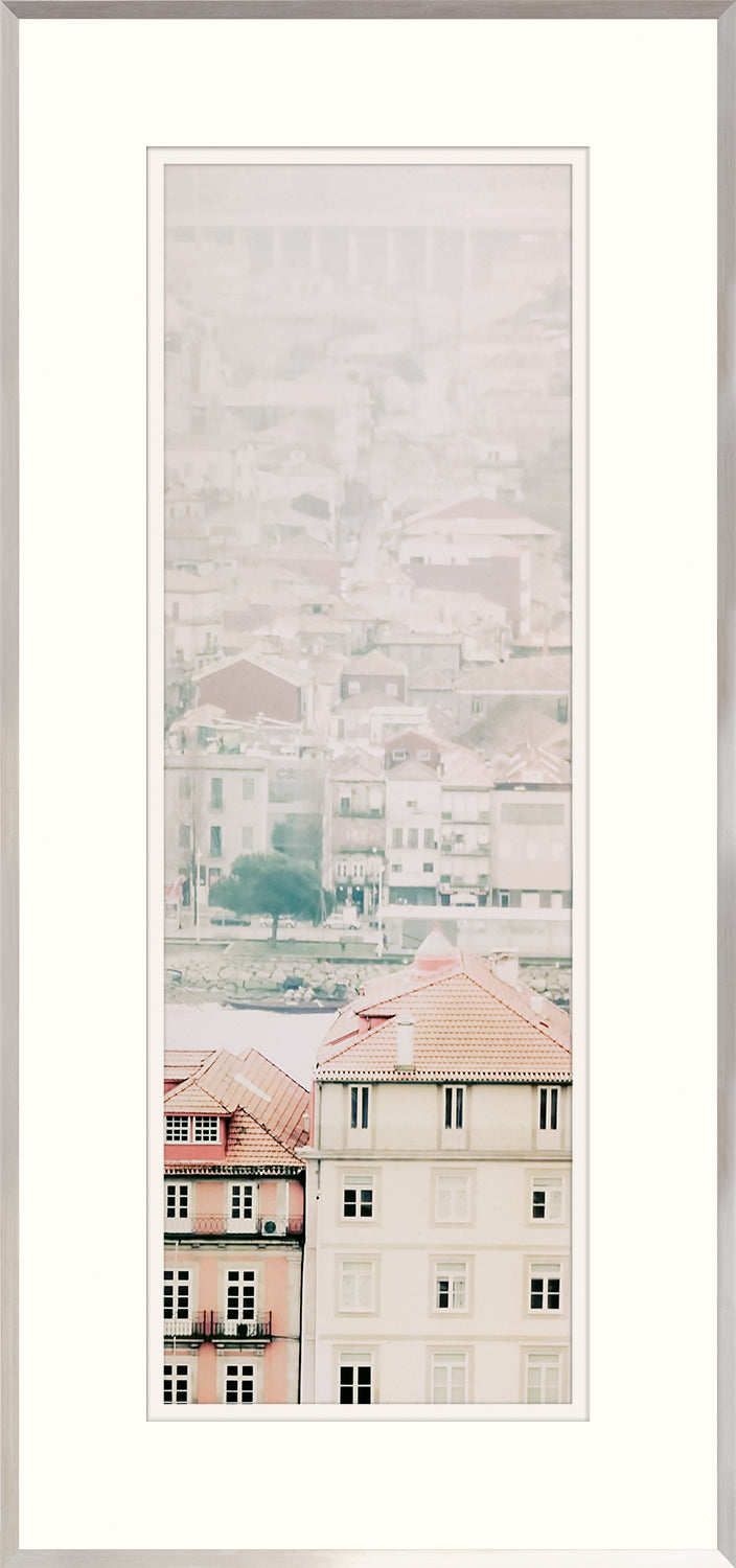 Porto II wall art featuring a soft, muted cityscape with pastel buildings and red rooftops