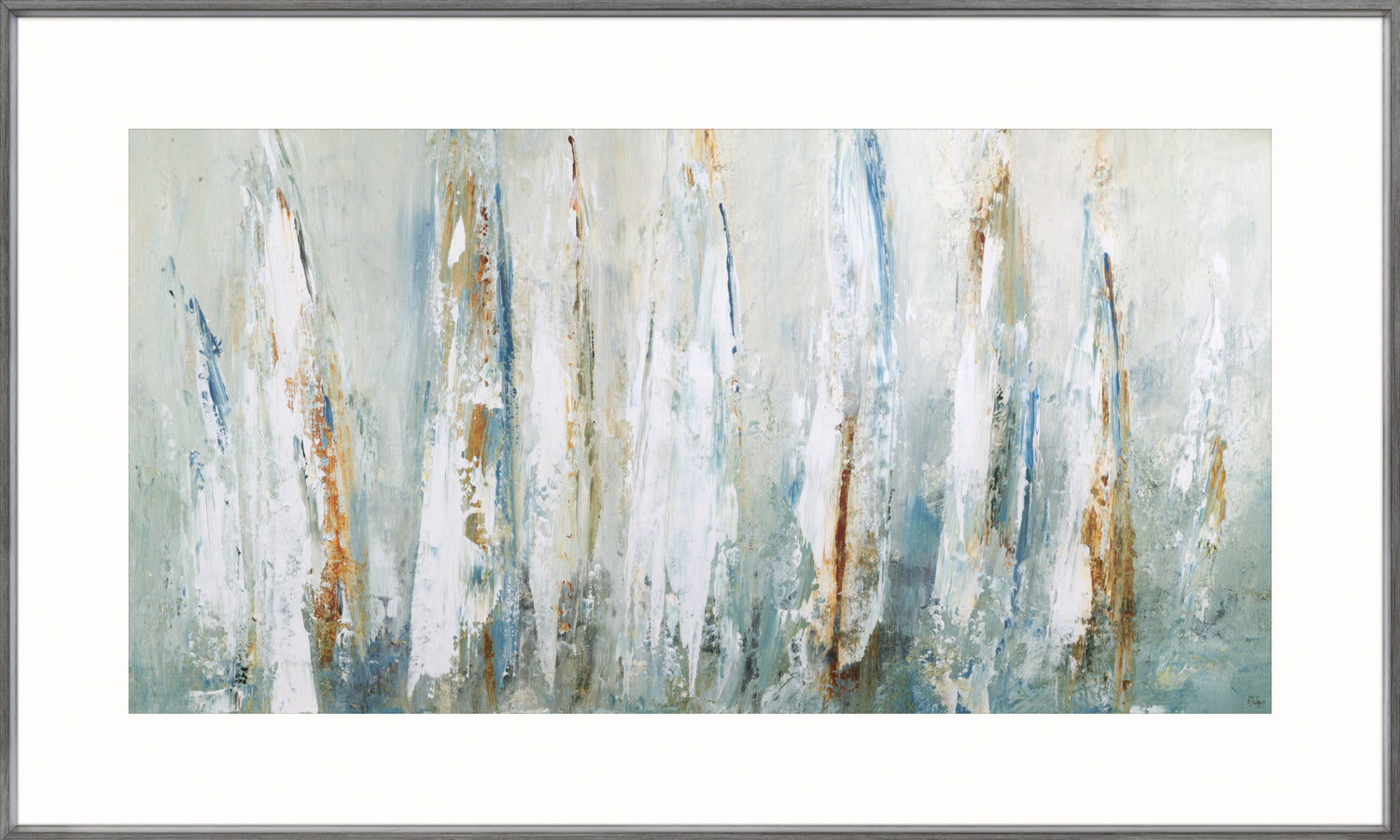 Ridgers Summer Sail wall art featuring abstract blue and white brush strokes with earthy tones.