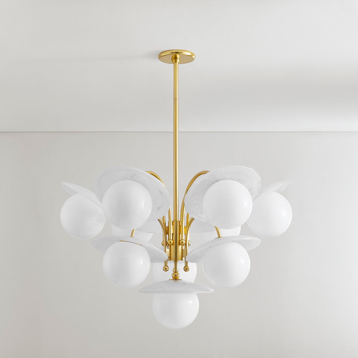 Stampford Chandelier in aged brass shown from the front to reveal the frame, arms, and shade detail.