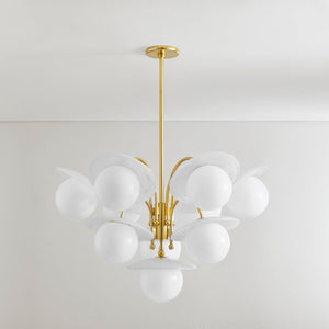 Stampford Chandelier in aged brass shown from the front to reveal the frame, arms, and shade detail.