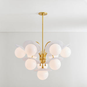 Close-up of the Stampford Chandelier in aged brass showing the frame, arms, and shade detail.