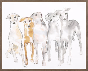 Hounding Around wall art featuring five watercolor dogs in shades of gray and brown
