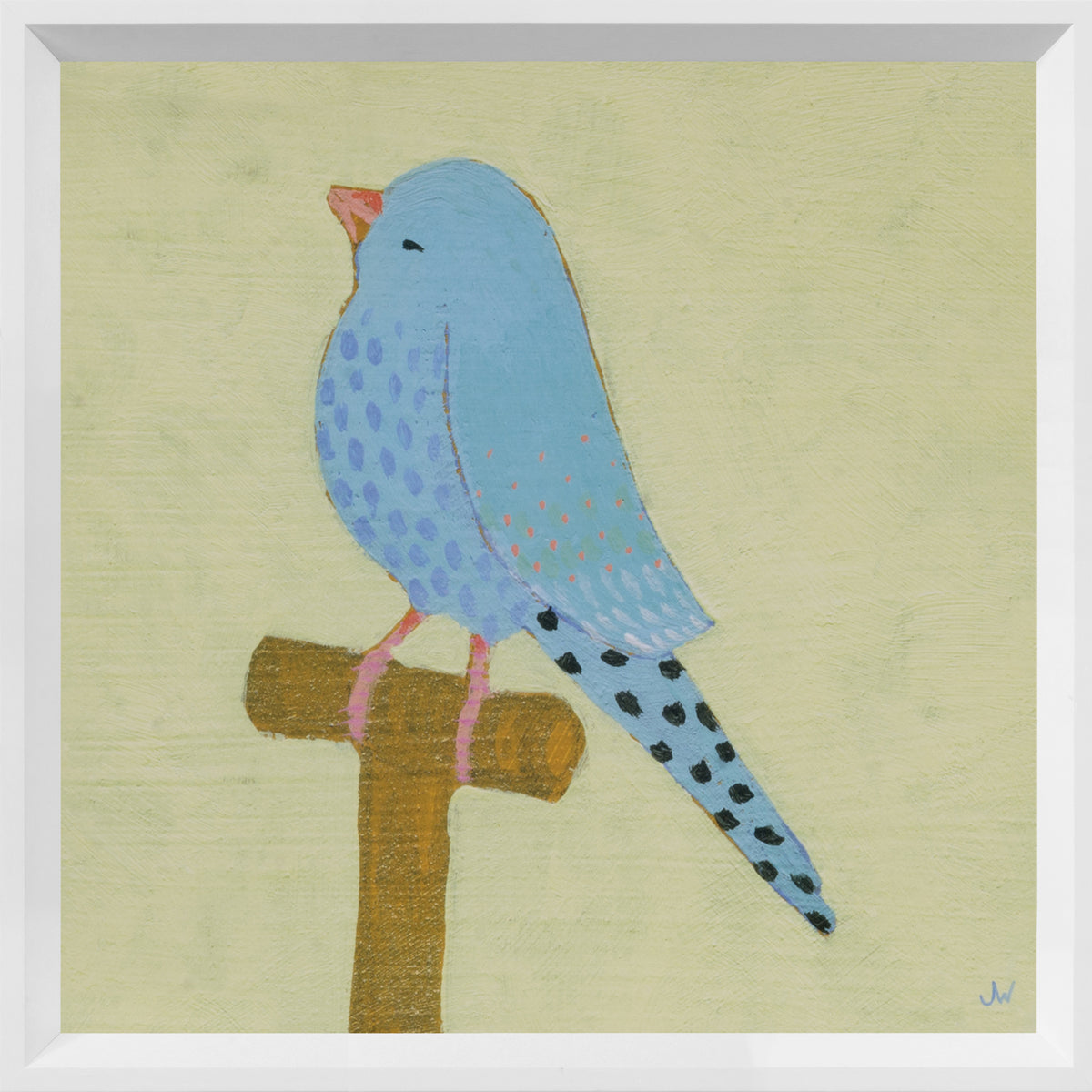 Bright Birds – Happy wall art featuring a blue bird on a perch against a light yellow background.