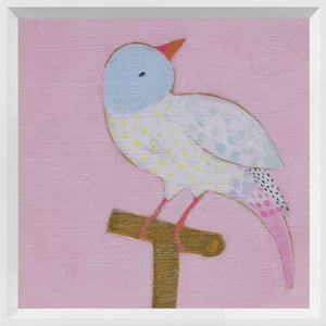 Bright Birds – Cheery wall art featuring a colorful bird on a pink background