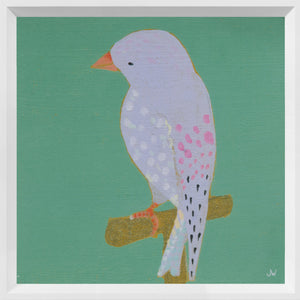 Bright Birds – Playful wall art featuring a pastel bird on a green background, framed in white.