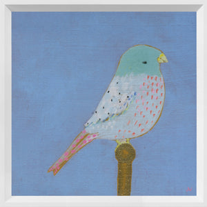 Bright Birds – Gleeful wall art featuring a colorful bird on a blue background.